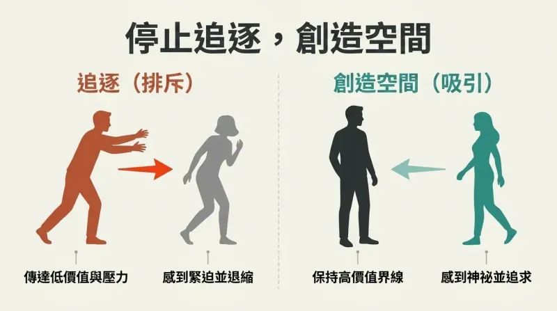 Split panel diagram comparing how aggressive chasing repels interest while stepping back creates magnetic space that invites pursuit.