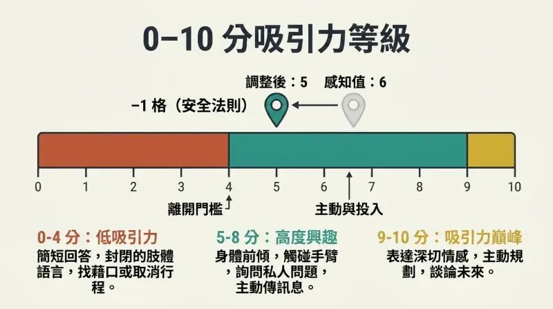 A horizontal 0 to 10 attraction scale segmented into colored zones, illustrating when to walk away or invest, with a visual safety rule to underrate interest by one notch.