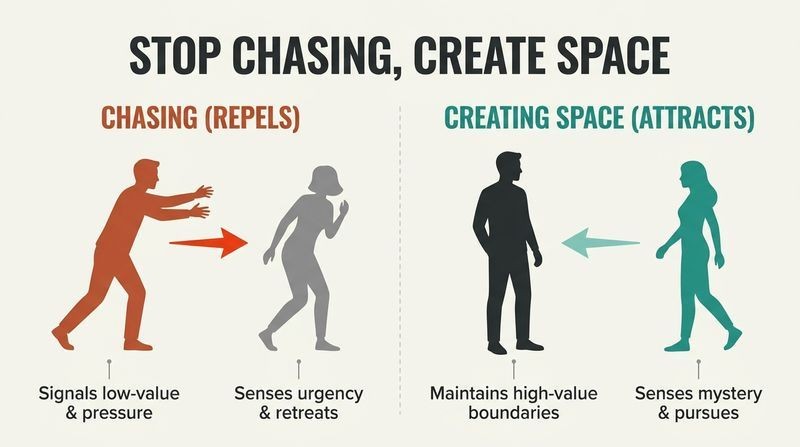 Split panel diagram comparing how aggressive chasing repels interest while stepping back creates magnetic space that invites pursuit.