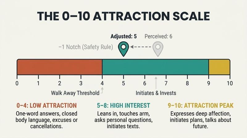 A horizontal 0 to 10 attraction scale segmented into colored zones, illustrating when to walk away or invest, with a visual safety rule to underrate interest by one notch.