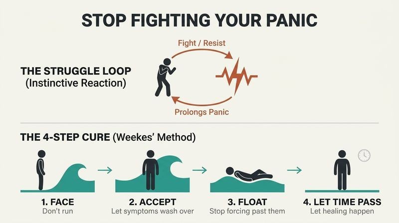 A dual-lane comparison diagram showing how fighting nervous symptoms creates a vicious cycle of struggle, whereas facing, accepting, floating, and letting time pass leads to resolution.