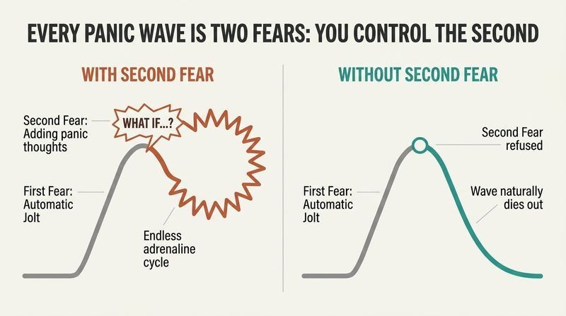 Side-by-side comparison graphs of a panic wave, showing how adding Second Fear creates a chaotic loop, while refusing it allows the wave to naturally decline.