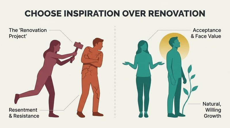 Split panel comparison showing how nagging a partner causes resentment and closed behaviors, whereas accepting them fosters natural growth and change.