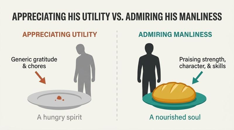 Split panel comparison showing a slumped man on the left with a single crumb on his plate labeled "A hungry spirit," and a confident man on the right with a large loaf of bread labeled "A nourished soul."