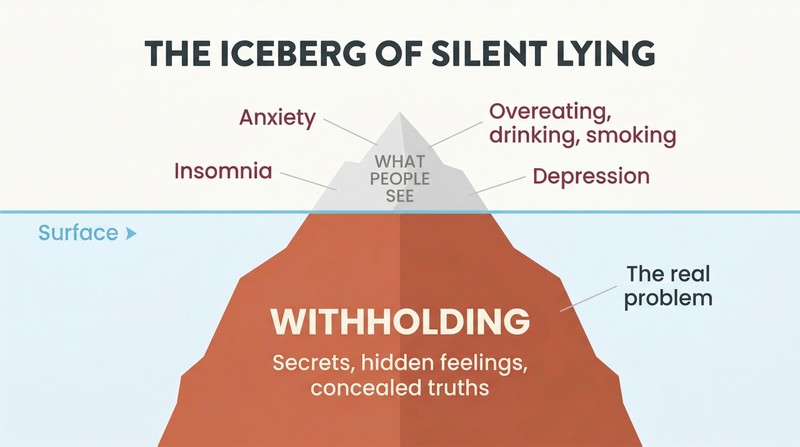 Iceberg diagram showing visible symptoms like anxiety and insomnia above a waterline, with a massive shape labeled withholding hidden beneath the surface.