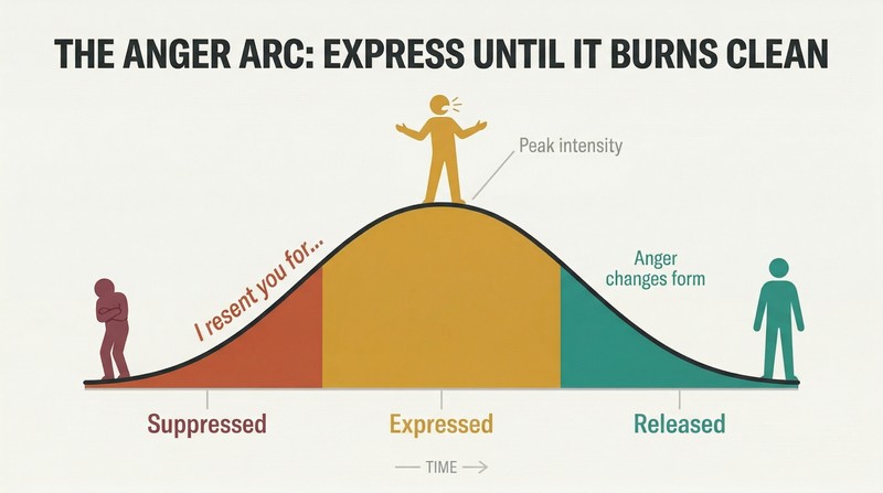 An intensity curve rising from suppressed anger on the left through peak expression at center, descending to clarity on the right, with warm colors fading to cool teal.