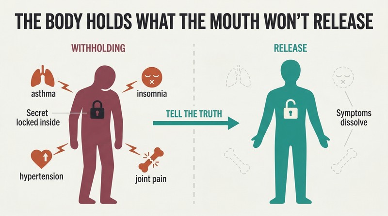 Split panel comparing a human silhouette weighed down by hidden secrets and physical symptoms against the same figure after disclosure, shown symptom-free and light.