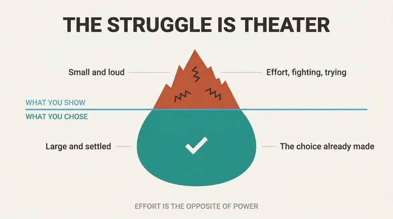Iceberg diagram showing a small, dramatic struggle performance above a waterline, with a much larger shape below labeled as the choice already made.