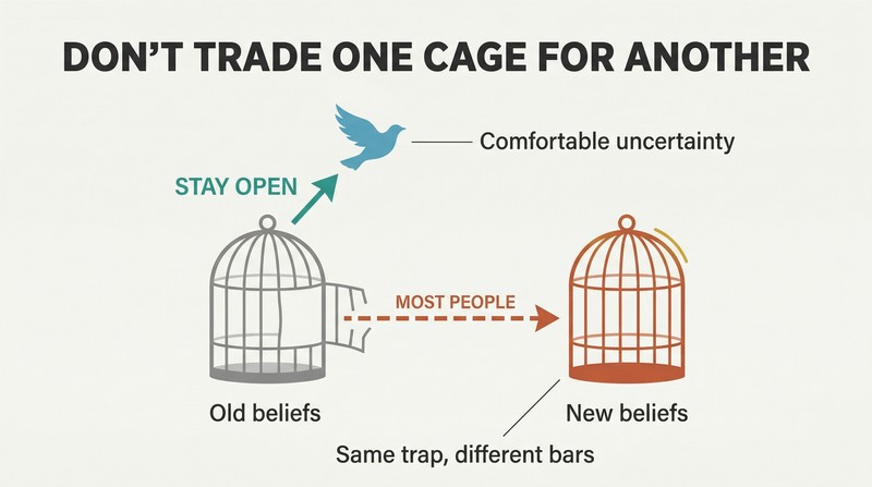 Fork diagram showing an open birdcage with two paths: one leading sideways to a new cage and one leading upward to a bird soaring free.