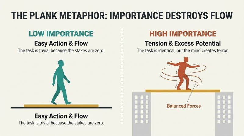 Split-panel diagram contrasting a person walking a plank easily on the ground with a person struggling to walk the exact same plank high between two skyscrapers.