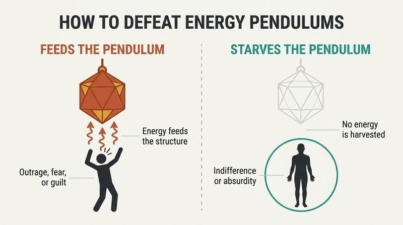 A split-panel diagram showing how emotional reactions feed an energy pendulum while calm non-reaction starves it.