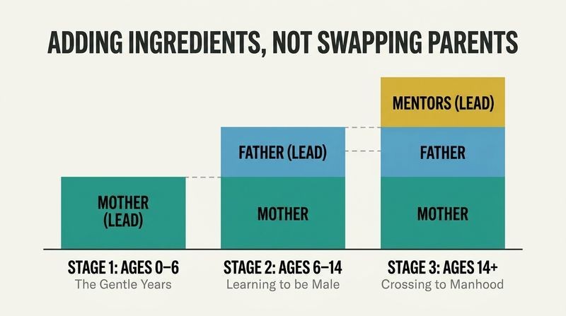 A horizontal three-column step diagram illustrating Biddulph’s three stages of boyhood, showing how mothers, fathers, and mentors accumulate cumulatively rather than replacing each other.