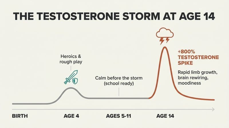 A developmental timeline graph tracking a boy's testosterone levels, showing a minor bump at age 4, a flat plateau from ages 5 to 11, and a massive 800 percent spike at age 14 represented by a storm cloud icon.