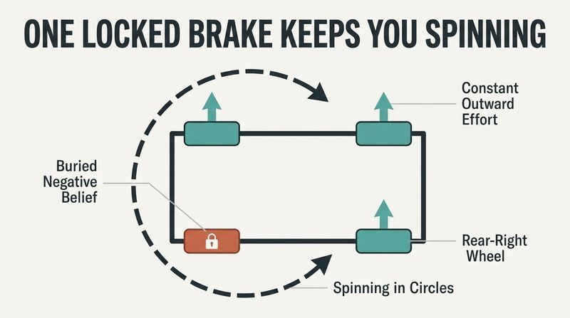 Top-down schematic diagram of a four-wheeled vehicle frame showing three wheels driving forward while one locked wheel, labeled 'Buried Negative Belief', causes the entire vehicle to spin in a useless circle.