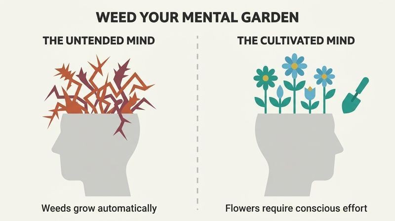 A split-panel diagram comparing an untended mind overgrown with spiky red weeds to a cultivated mind blooming with neat teal flowers.