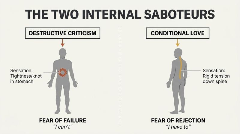 Side-by-side comparison of two childhood conditioning patterns showing their physical tension locations on minimalist silhouettes: Fear of Failure causing a knot in the stomach and Fear of Rejection causing spinal tension.
