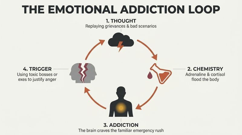 Closed-loop circular diagram showing how negative thoughts trigger stress hormones, causing bodily craving and external justification.