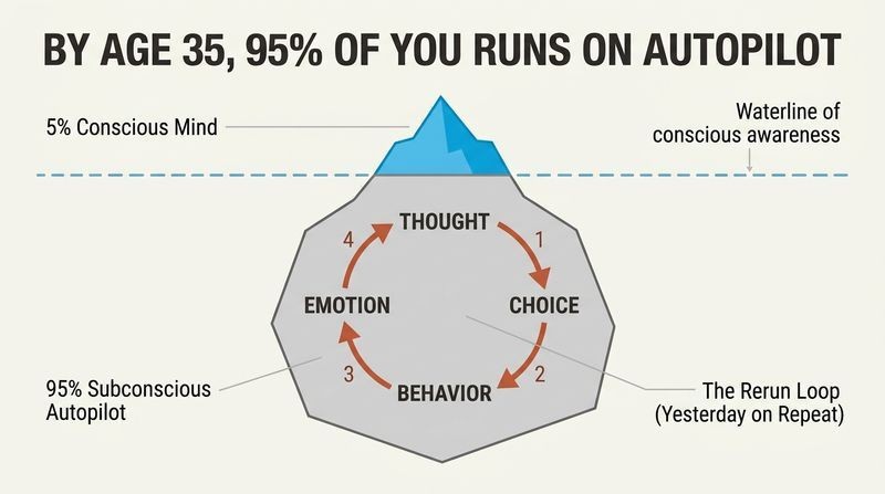 Iceberg diagram illustrating how only five percent of the mind is conscious, while ninety-five percent is a submerged autopilot loop of repeated thoughts, choices, behaviors, and emotions.