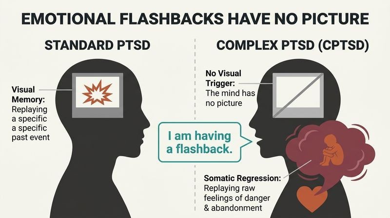 Split-panel diagram contrasting standard PTSD, which replays visual memories, with CPTSD, which replays raw childhood emotions, and showing how naming the flashback restores adult perspective.