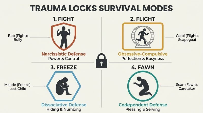 A two-by-two grid depicting the four survival modes of Complex PTSD (Fight, Flight, Freeze, Fawn), with each mode showing a human silhouette locked inside a different colored geometric frame representing a rigid psychological defense.