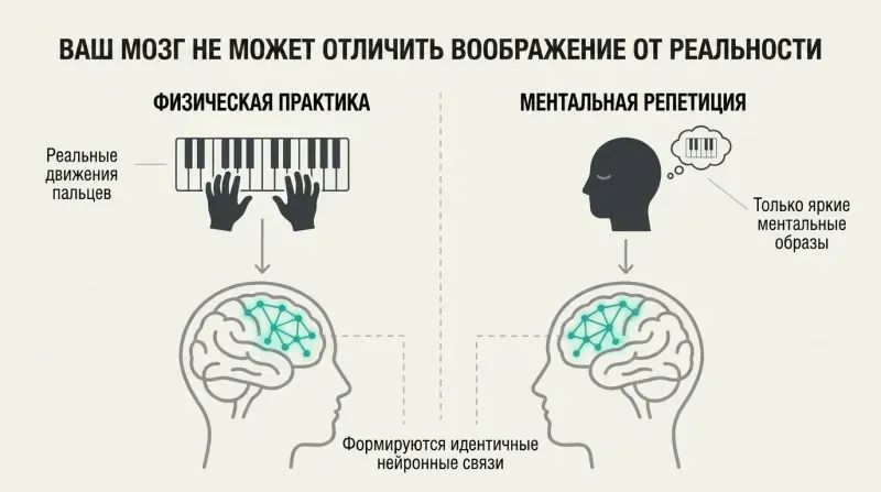 Split-screen diagram comparing physical practice and mental rehearsal, showing that both activate identical neural networks in the motor cortex.