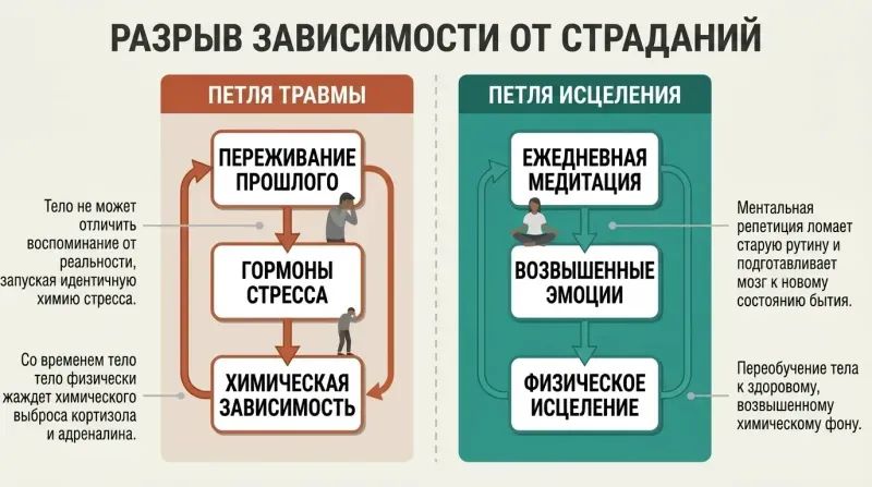 A side-by-side comparison diagram showing how reliving trauma creates a chemical loop of stress addiction, while daily meditation and elevated emotions build a loop of physical healing.