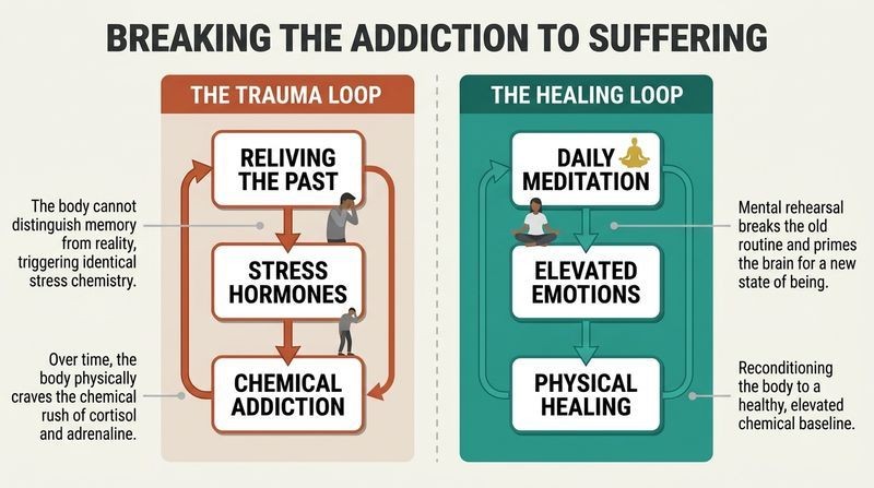 A side-by-side comparison diagram showing how reliving trauma creates a chemical loop of stress addiction, while daily meditation and elevated emotions build a loop of physical healing.