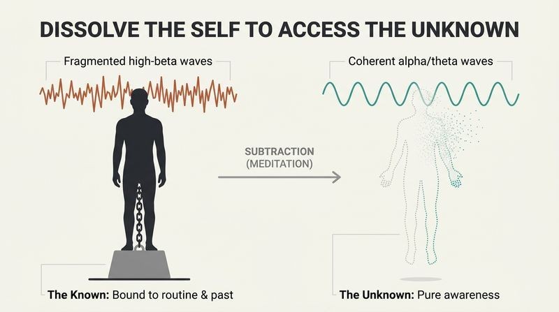 Split panel diagram contrasting a heavy, anchored physical identity under stress with a weightless, cohesive state of pure awareness.