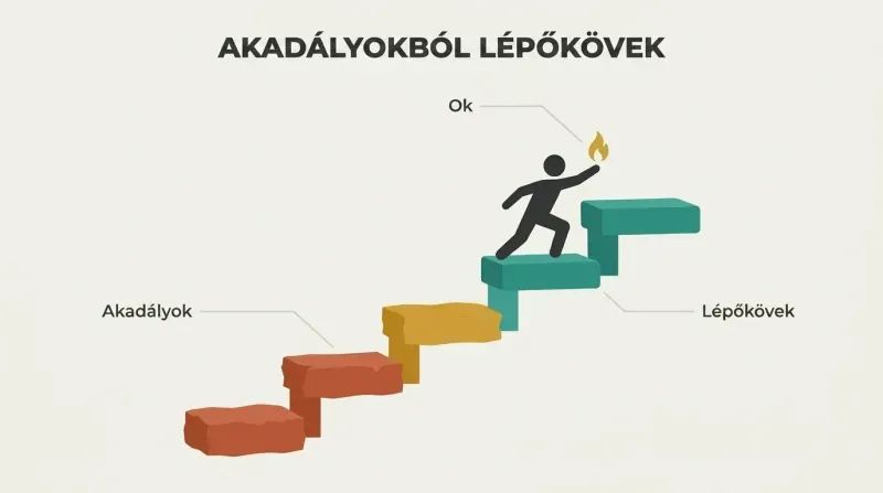 Ascending staircase of blocks transitioning from terracotta to teal, with a climbing silhouette carrying a flame, showing obstacles transformed into steps upward.