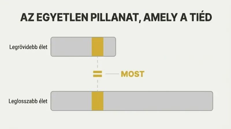 Two bars representing vastly different lifespans share an identical thin gold stripe, showing every life owns the same present moment.