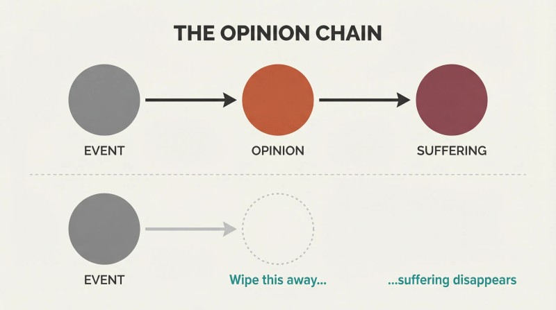 Two-row chain diagram contrasting how opinion links events to suffering, and how removing the opinion breaks that chain entirely.