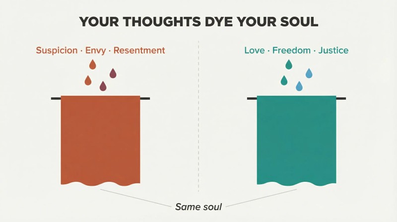 Split panel comparing fabric stained dark by recurring negative thoughts on the left with identical fabric colored vibrant by recurring positive thoughts on the right.