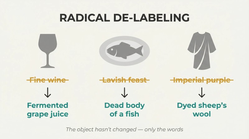 Three banquet items with prestigious labels struck through, revealing blunt literal descriptions that strip away false prestige.