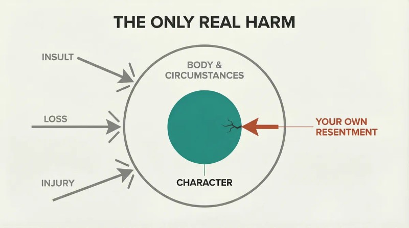 Concentric circles where gray arrows labeled insult, loss, and injury deflect off the outer boundary while only a self-carried resentment arrow penetrates to the teal character core.