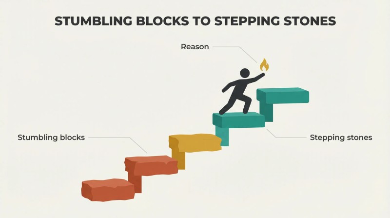 Ascending staircase of blocks transitioning from terracotta to teal, with a climbing silhouette carrying a flame, showing obstacles transformed into steps upward.