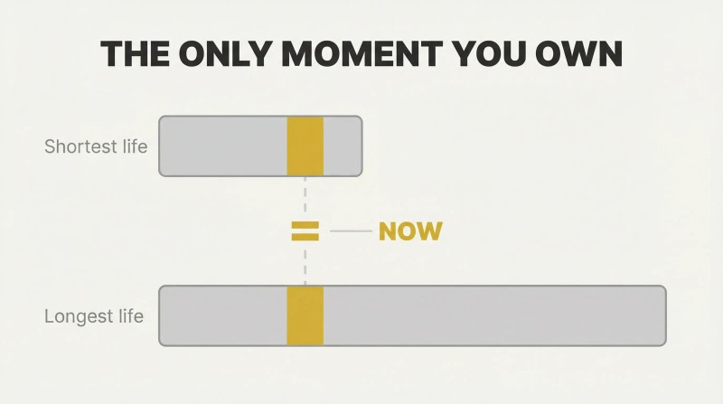 Two bars representing vastly different lifespans share an identical thin gold stripe, showing every life owns the same present moment.