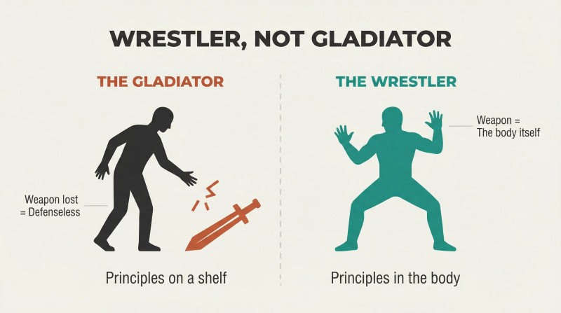 Split panel comparing a gladiator reaching for a fallen sword on the ground with a wrestler in a strong ready stance whose body is the weapon, contrasting external versus internalized principles.