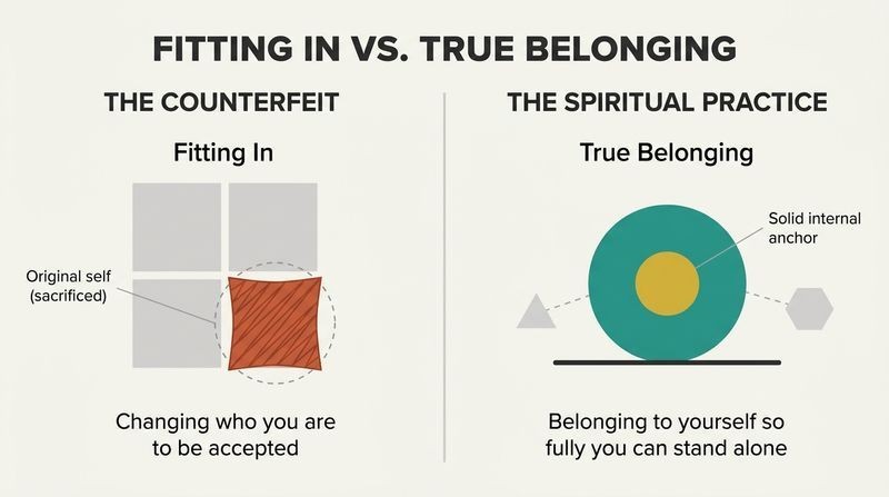 A split-panel diagram contrasting "Fitting In" as shape-shifting to match a group with "True Belonging" as retaining one's authentic shape.