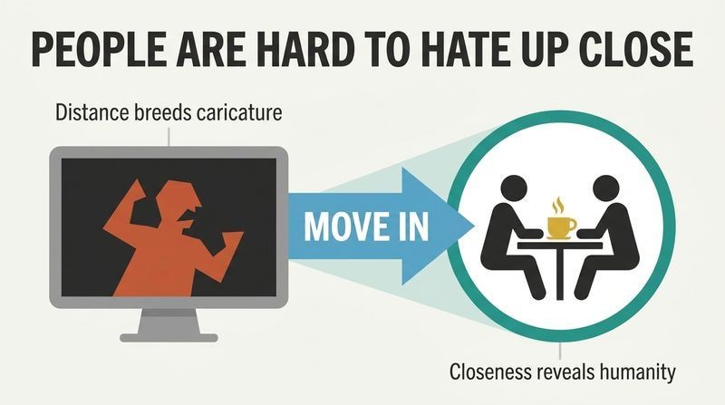 Comparison diagram showing a harsh digital caricature on a screen on the left, transitioning via a bold arrow to a warm, face-to-face human interaction on the right.