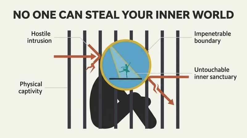A layered diagram showing a confined silhouette behind dark prison bars, with a circular cut-out of their mind revealing a bright, untouchable stage with a dancer inside, while external threat arrows bounce off its golden boundary.