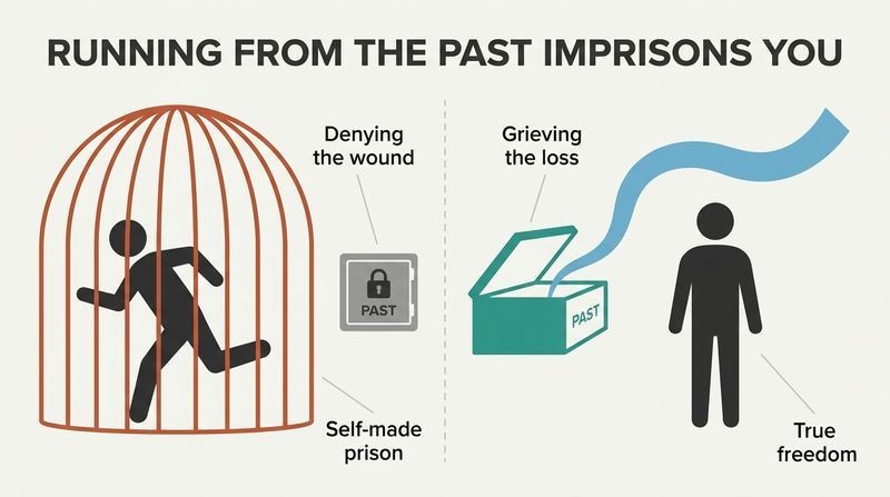Split panel diagram contrasting a figure running away from a locked box but trapped in a self-made cage of red bars, with a figure standing peacefully before an open box in a free, open space.