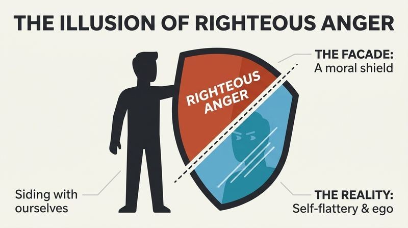 Diagram showing a person holding a shield labeled "Righteous Anger" which split-reveals a mirror reflecting their own face, representing "Self-Flattery."