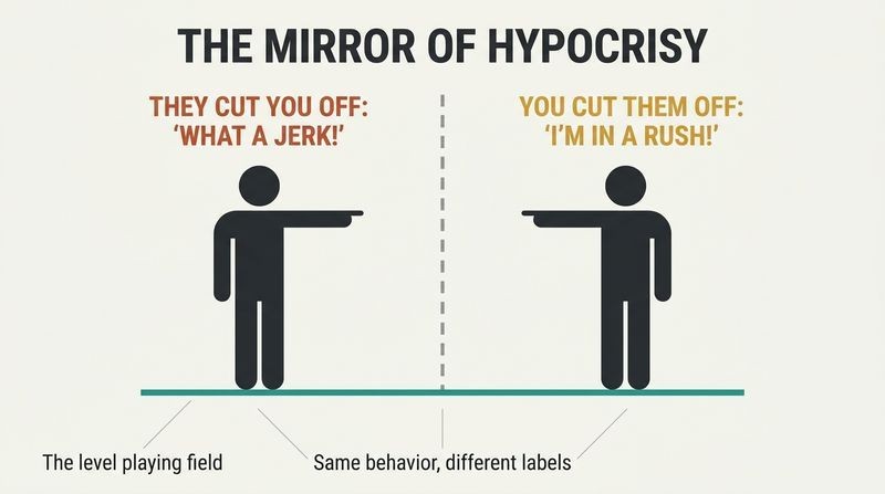 A split-panel diagram showing two identical dark silhouettes pointing accusatory fingers at each other over a shared baseline, illustrating how we condemn in others the exact behaviors we excuse in ourselves.