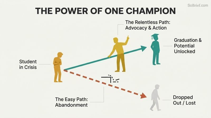 Fork diagram illustrating how a defiant student's trajectory splits between an abandoned path leading to expulsion, and a championed path where one advocating adult guides them to graduation.