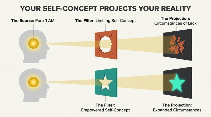 Split diagram showing how the same internal light of awareness projects different outer realities based on whether it passes through a limiting self-concept filter or an empowered one.
