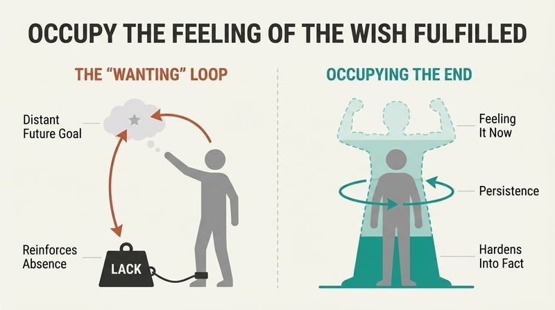 A split-panel diagram comparing the self-defeating loop of wanting a goal from a state of lack versus occupying the inner feeling of the goal until it hardens into reality.