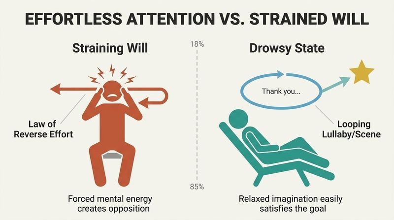 Split panel diagram comparing how strained willpower triggers the law of reverse effort, while drowsy, effortless imagination easily secures the desired outcome.