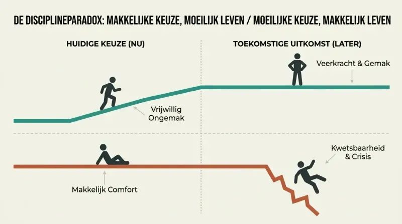 Parallel timeline comparison showing how choosing voluntary hardship now leads to a smooth, easy future, while avoiding discomfort now leads to a sudden crisis and hardship later.