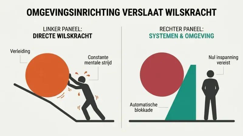 Split panel diagram comparing direct willpower resistance to environmental design, using a metaphor of a person struggling to hold up a boulder versus a system wall effortlessly blocking it.