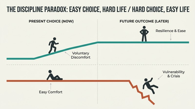 Parallel timeline comparison showing how choosing voluntary hardship now leads to a smooth, easy future, while avoiding discomfort now leads to a sudden crisis and hardship later.